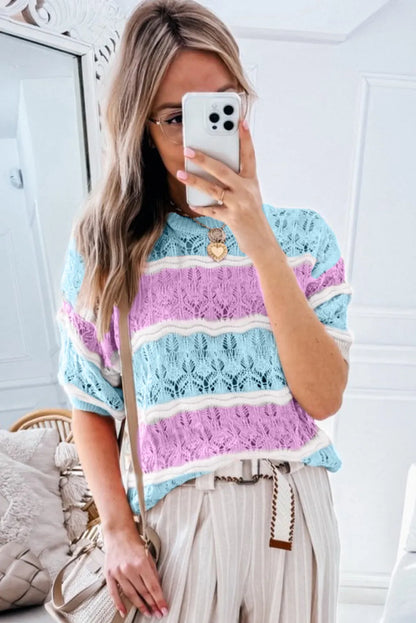 Purple Stripe Color Block Hollow Out Crochet Half Sleeve Sweater - Chic Meadow Boutique 