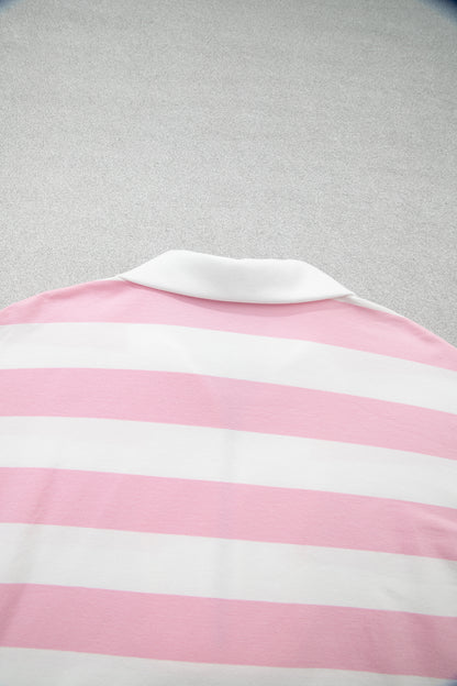 Pink Stripe Color Block Patchwork Zip Long Sleeve Top Elastic Waist Pants Set