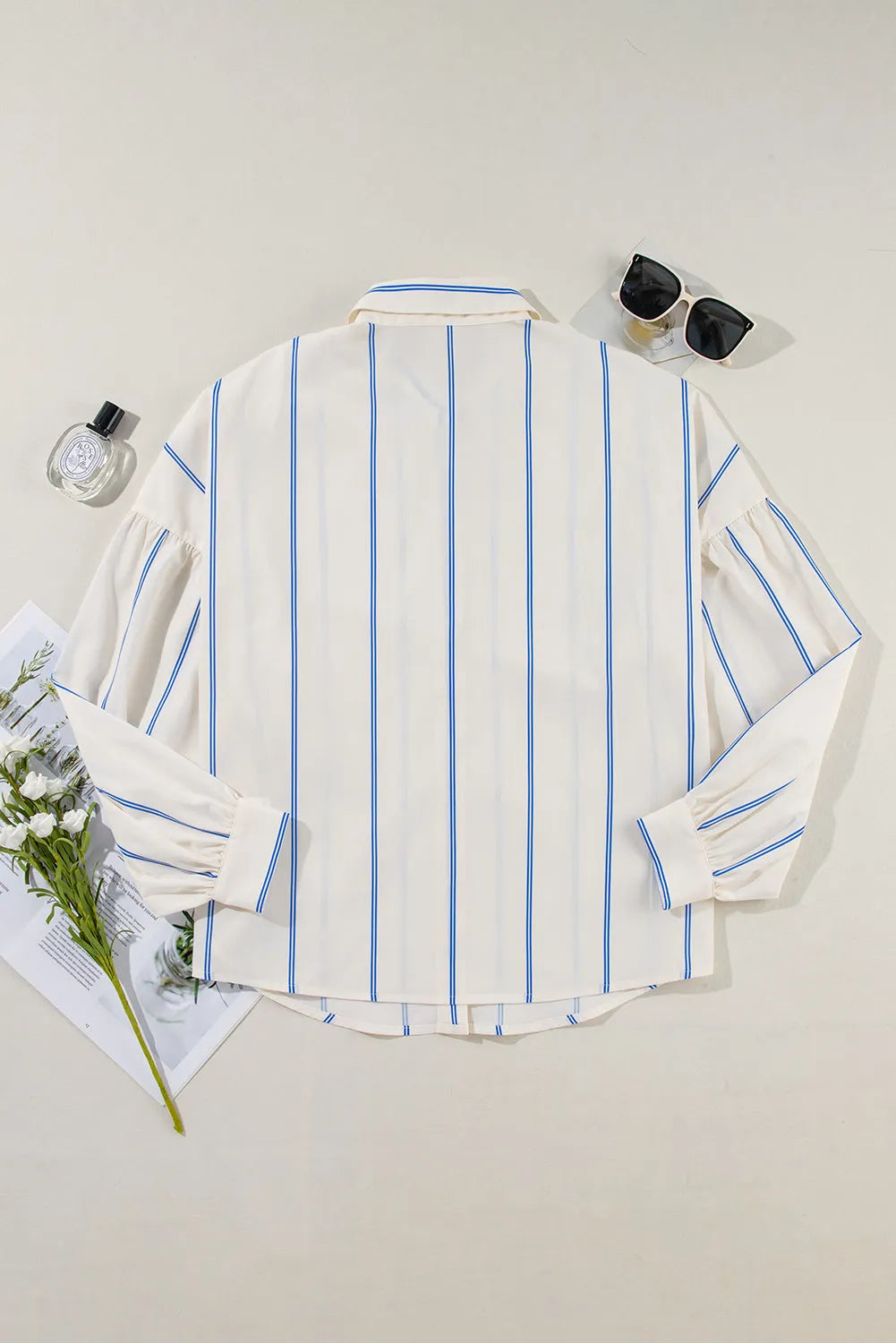 Sky Blue Stripe Drop Shoulder Bubble Sleeve Loose Shirt - Chic Meadow Boutique 