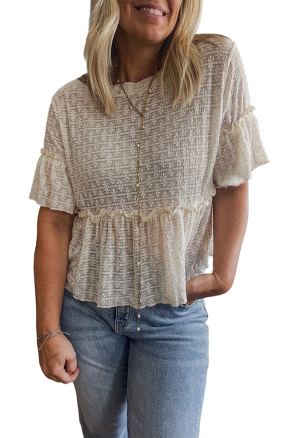 Beige Solid Color Textured Ruffled Short Sleeve Blouse