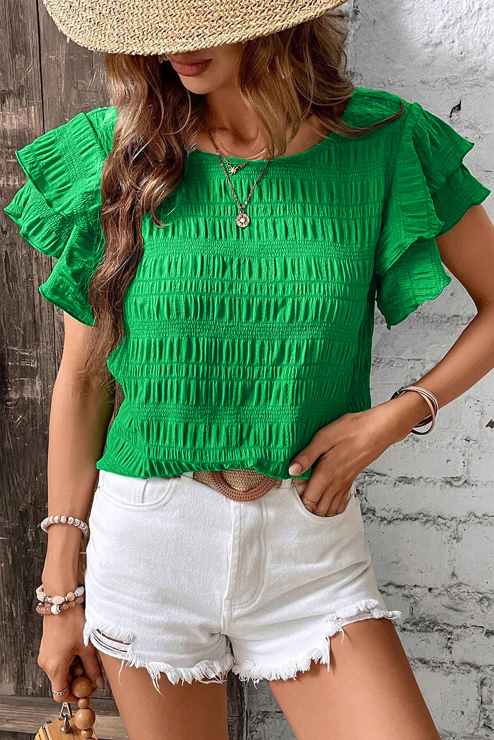 Dark Green Textured Ruffled Sleeve Round Neck Top