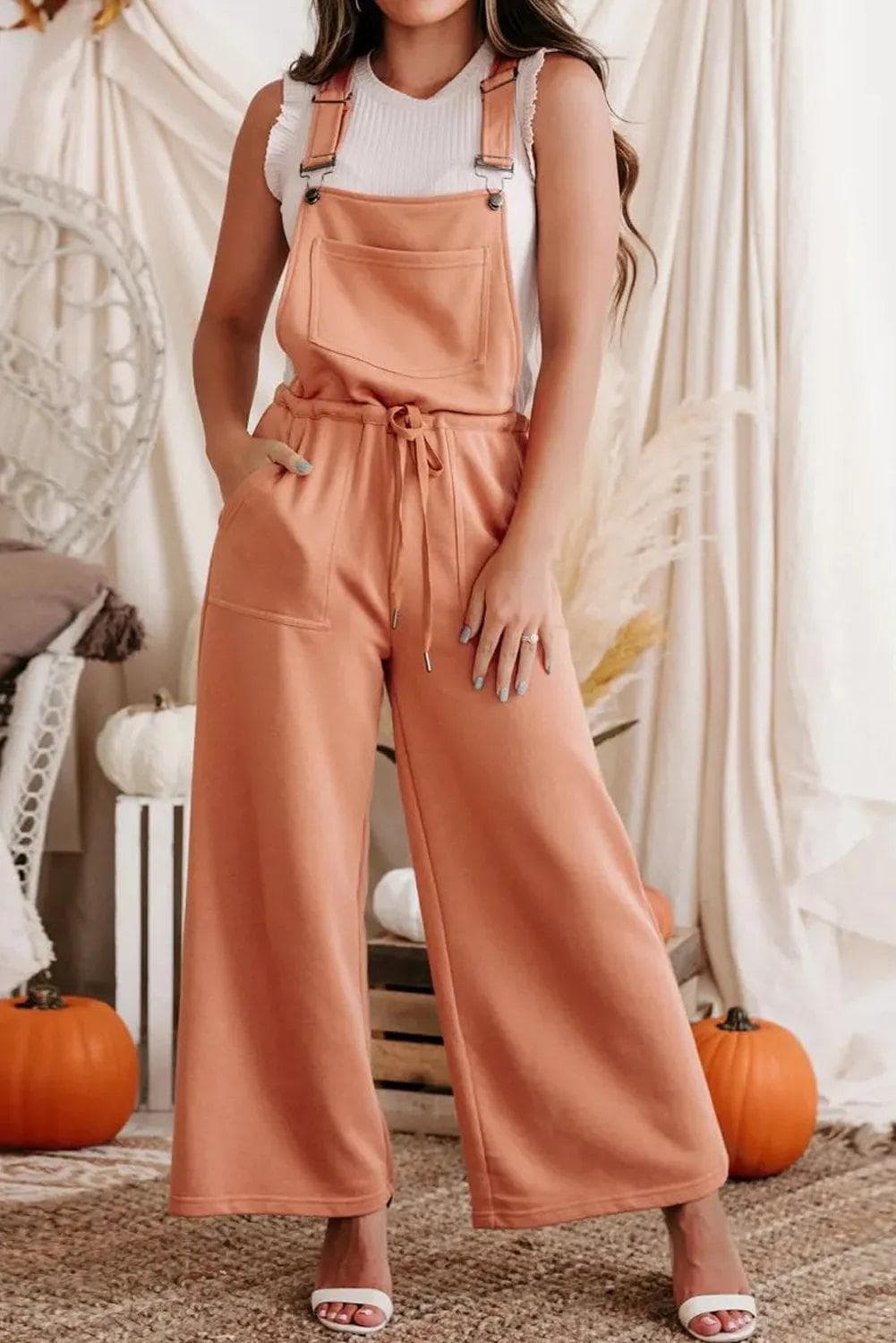 Orange Pocketed Drawstring Wide Leg Overalls - Chic Meadow Boutique 