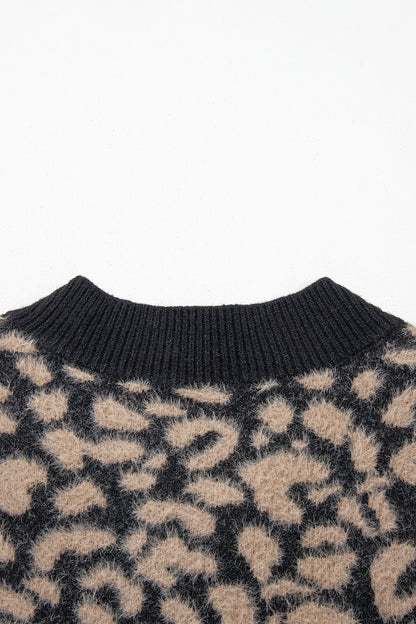 Black Leopard Print Knit Sleeveless Regular Wash Sweater Vest