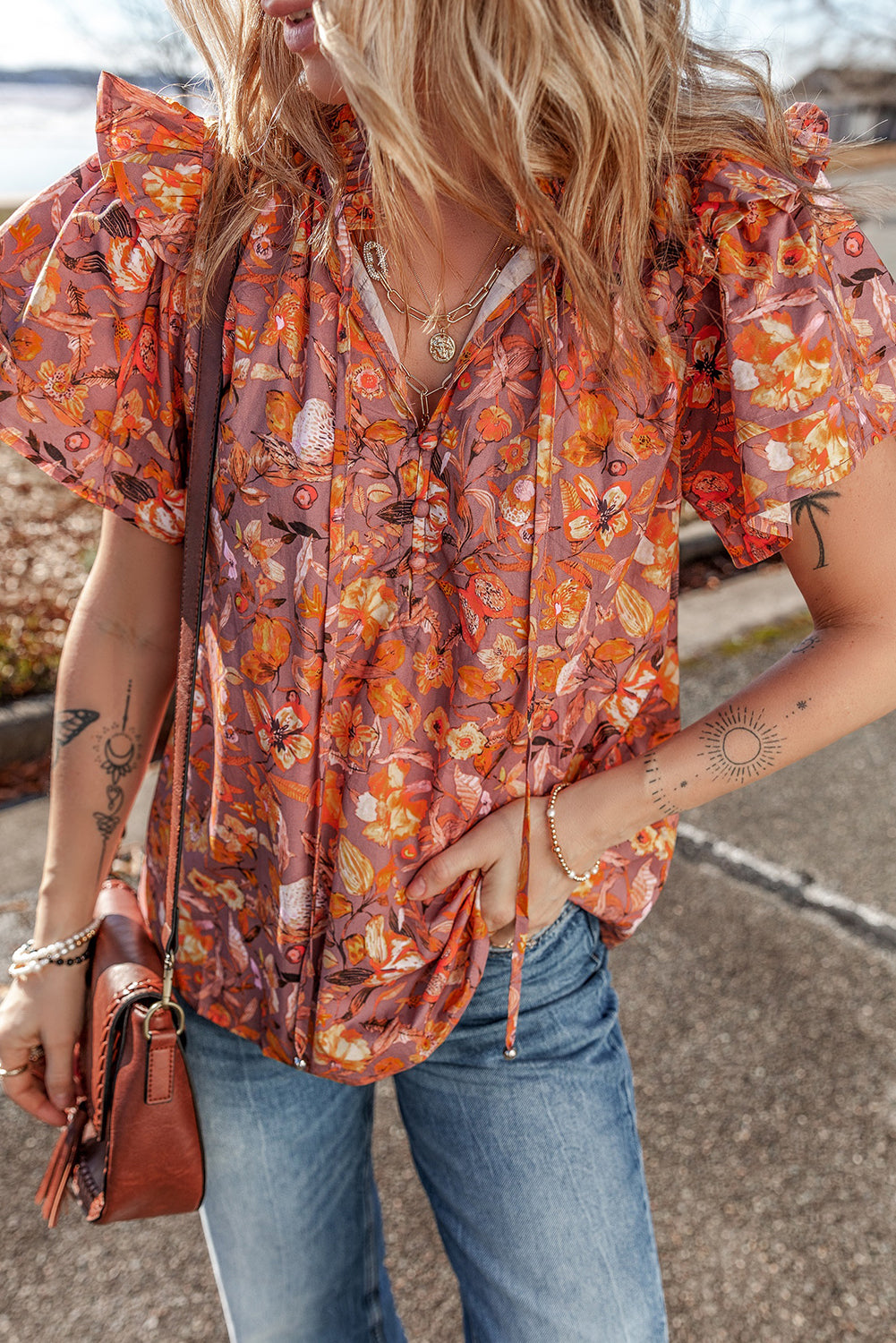 Orange Floral Print Ruffled Flutter Sleeve Frilled V Neck Blouse