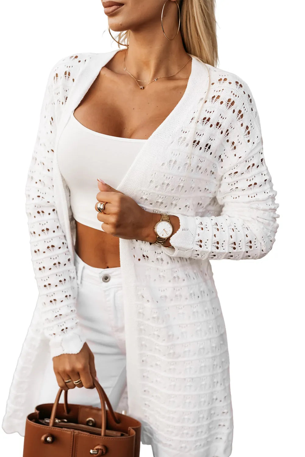 White Wavy Trim Open Knit Long Sleeve Cardigan - Chic Meadow Boutique 