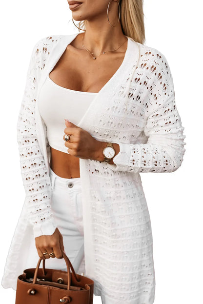 White Wavy Trim Open Knit Long Sleeve Cardigan - Chic Meadow Boutique 