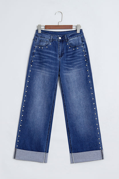 Navy Blue Studded Detail Straight Leg Casual Loose Jeans