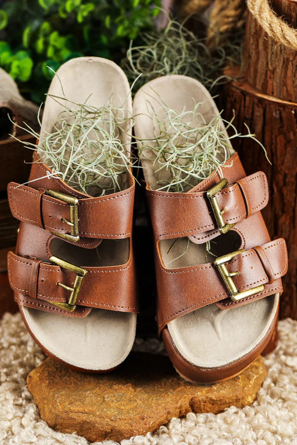 Chestnut Dual Buckle Studded Platform Sandal Slippers - Chic Meadow Boutique 