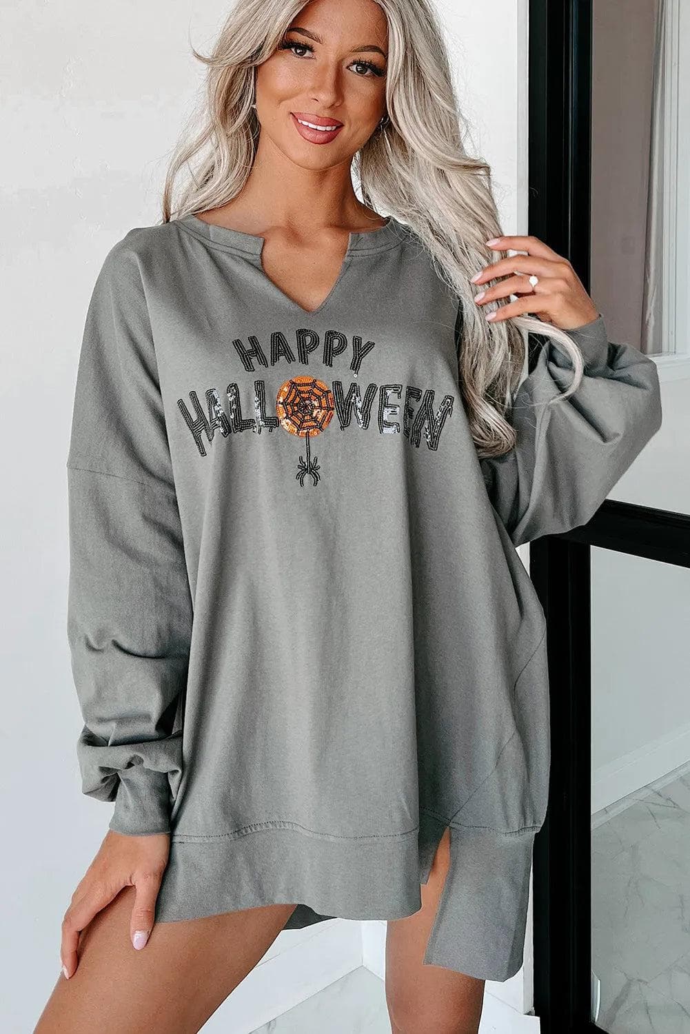 Graphic/Graphic Long Sleeve Tees Medium Grey Sequin Happy Halloween Graphic Notched Neck Long Sleeve Loose Top