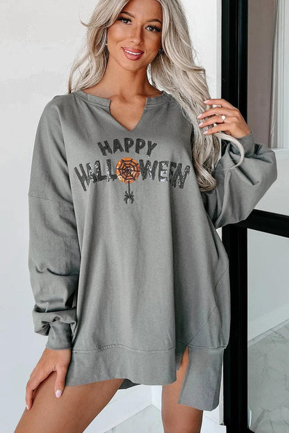 Graphic/Graphic Long Sleeve Tees Medium Grey Sequin Happy Halloween Graphic Notched Neck Long Sleeve Loose Top