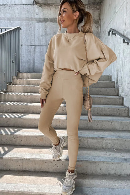 Beige Solid Sweatshirt and Leggings Two Piece Set - Chic Meadow Boutique 