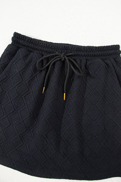 Color black Striped Collared Zip up Textured Skirt Set