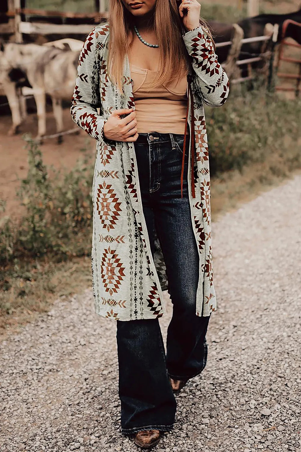 Brown Western Aztec Printed Open Front Long Cardigan - Chic Meadow Boutique 