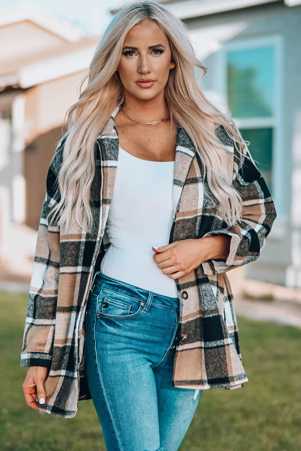 Plaid Print Buttoned Shirt Jacket - Chic Meadow Boutique 