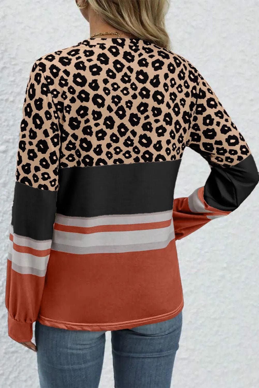 Tops/Long Sleeve Tops Khaki Leopard Color Block Crewneck Long Sleeve Top