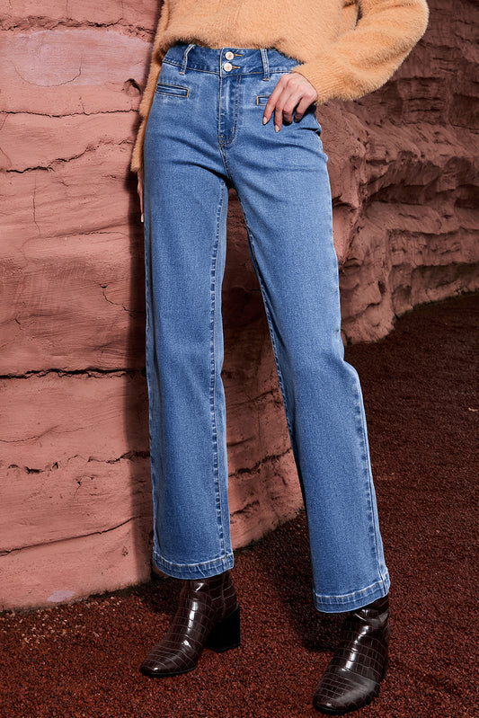 Light Blue Double Button High Rise Straight Leg Jeans