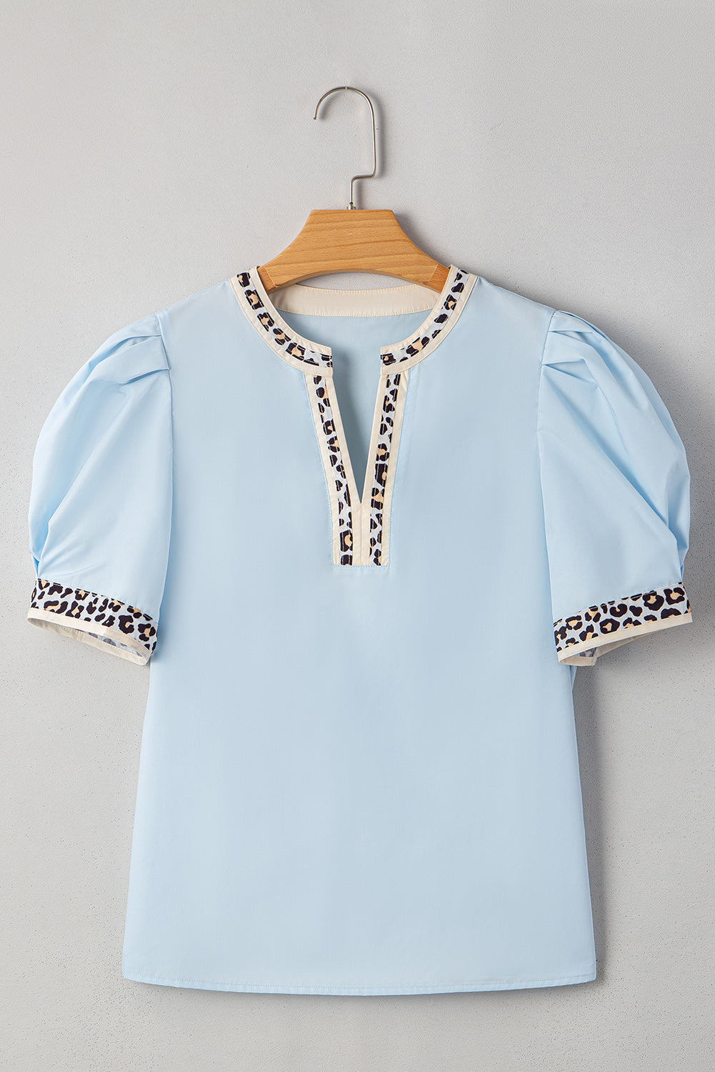 Beau Blue Contrast Leopard Trim Split Neck Puff Sleeve Blouse