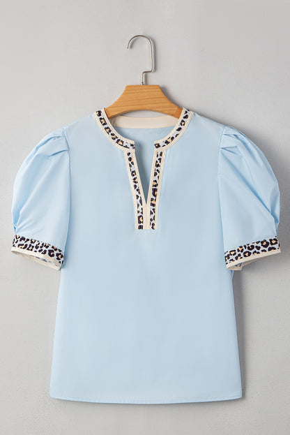 Beau Blue Contrast Leopard Trim Split Neck Puff Sleeve Blouse