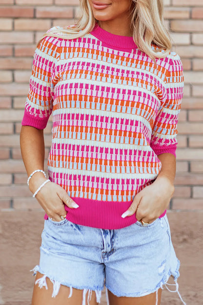 Red Striped Knitted Short Sleeve Sweater Top - Chic Meadow Boutique 