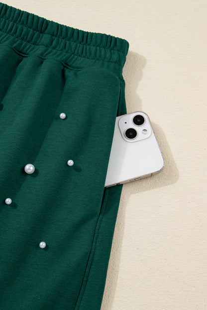 Dark Green Pearl Embellished Drop Shoulder Pullover Elastic Waist Mini Skirt Set