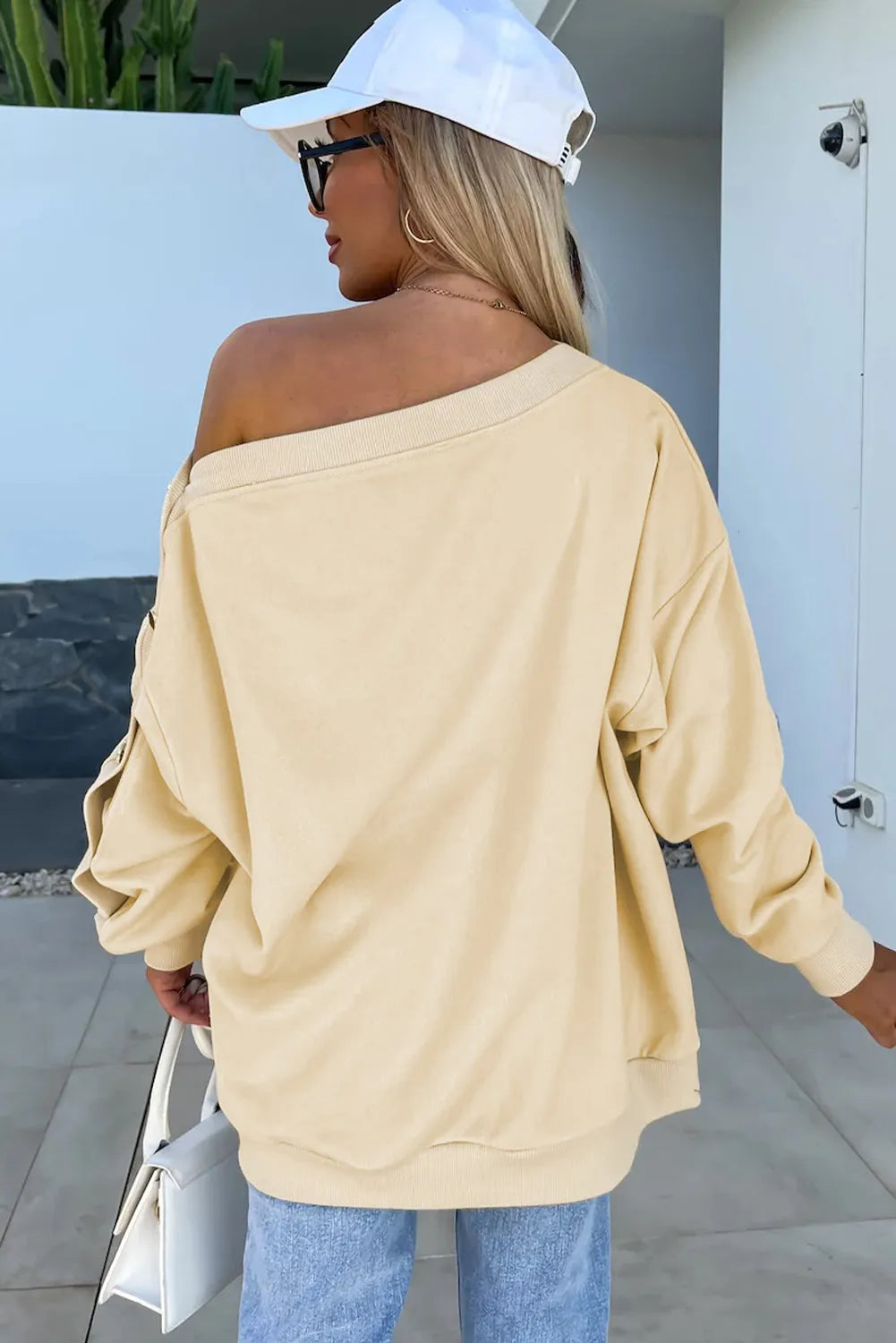 Beige Buttoned Sleeve Dropped Shoulder Sweatshirt - Chic Meadow Boutique 