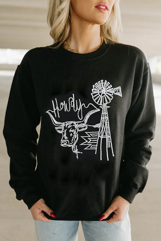 Black Embroidered Howdy Cow Western Graphic Crew Neck Sweatshirt - Chic Meadow Boutique 