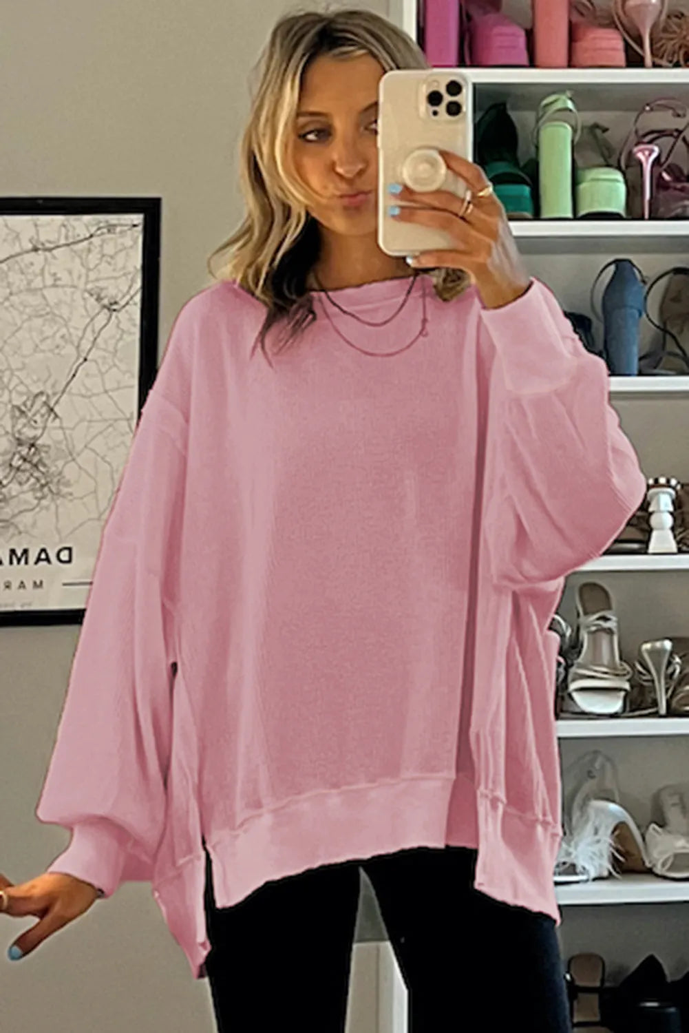 Pink Waffle Knit Bishop Sleeve Split Oversized Sweatshirt - Chic Meadow Boutique 