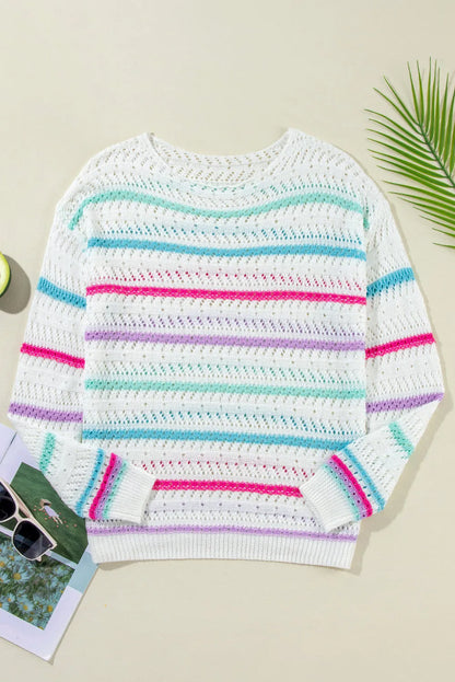 White Striped Hollowed Crochet Loose Fit Sweater - Chic Meadow Boutique 