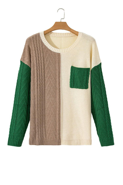 Plus Size/Plus Size Sweaters & Cardigans Mist Green Plus Size Cable Knit Color Block Drop Shoulder Sweater