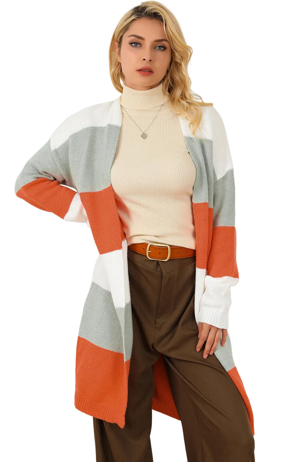 Orange Striped Color Block Drop Shoulder Midi Cardigan - Chic Meadow Boutique 