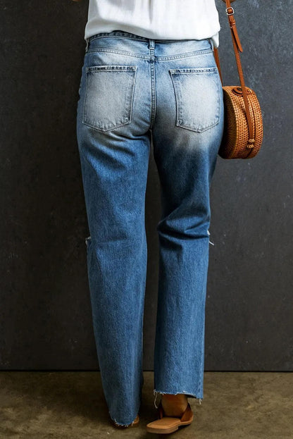 Bottoms/Jeans Light Blue Distressed Holes Raw Edge Straight Jeans