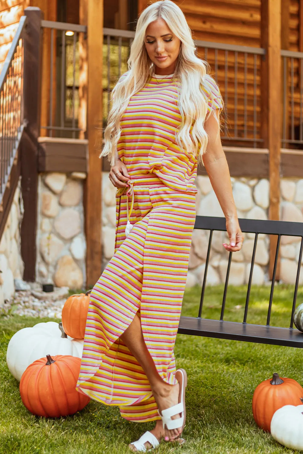 Yellow Stripe Rainbow Tee Tasseled String Wide Leg Pants Set - Chic Meadow Boutique 