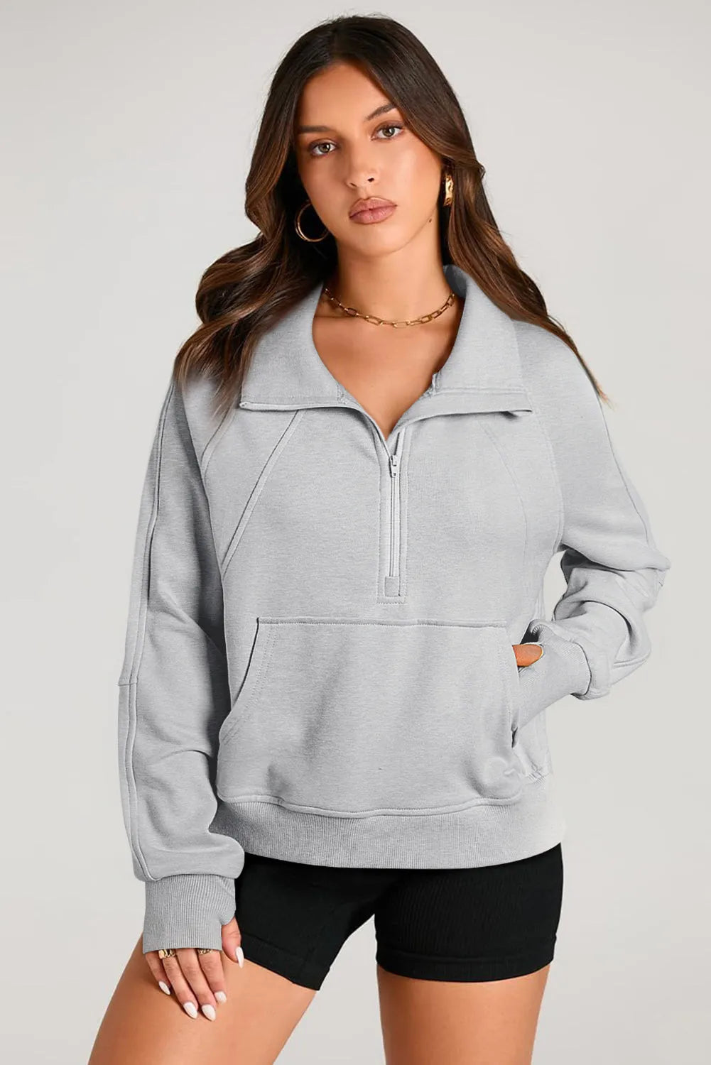 Light Grey Quarter Zip Stand Neck Kangaroo Pocket Sweatshirt - Chic Meadow Boutique 