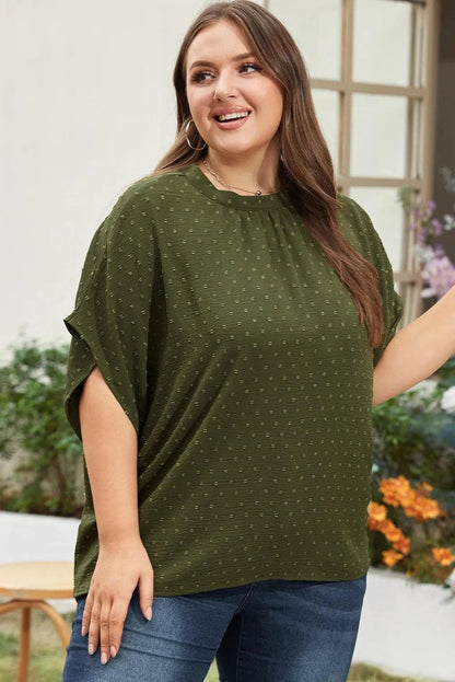 Plus Size/Plus Size Tops/Plus Size Blouses & Shirts Moss Green Plus Size Swiss Dot Mock Neck Tied Nape Top