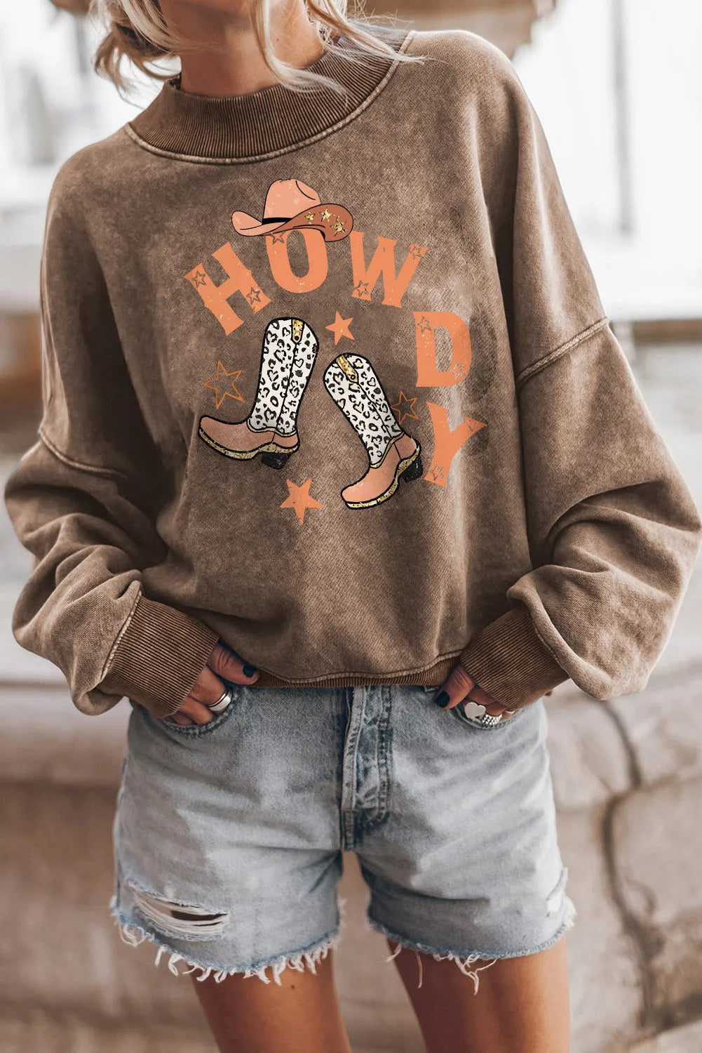 Brown HOWDY Western Fashion Graphic Sweatshirt - Chic Meadow Boutique 