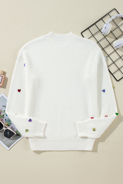 Beige Sequin Heart Shape Waffle Knit Round Neck Sweater