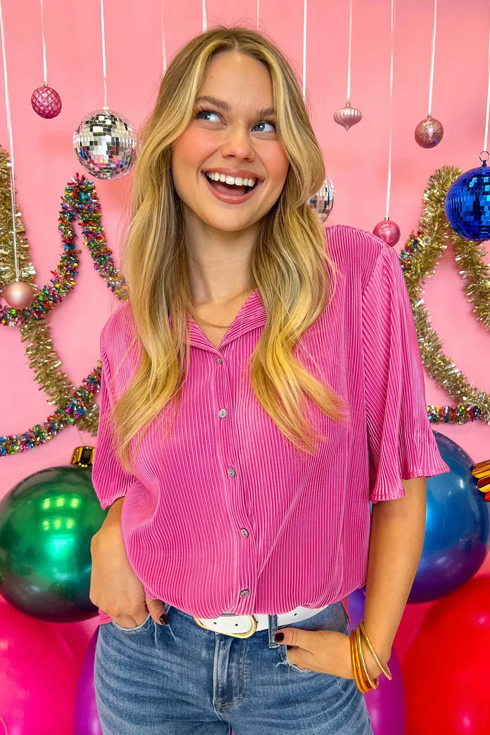 Bright Pink Satin Pleated Short Sleeve Shirt - Chic Meadow Boutique 