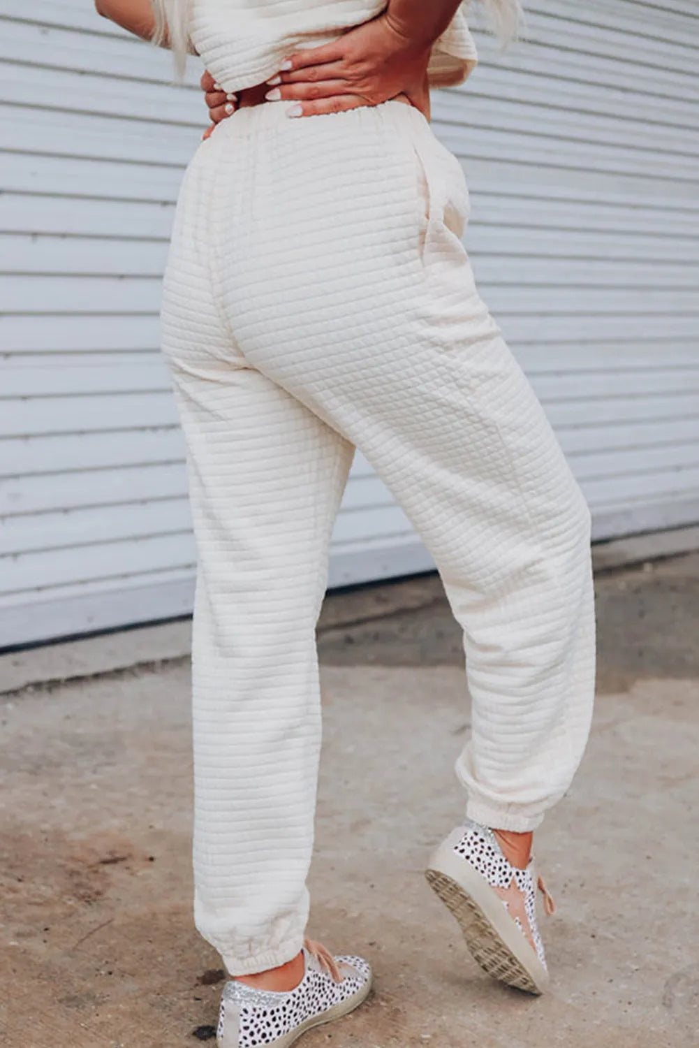 White Lattice Textured Cropped Tee and Jogger Pants Set - Chic Meadow Boutique 