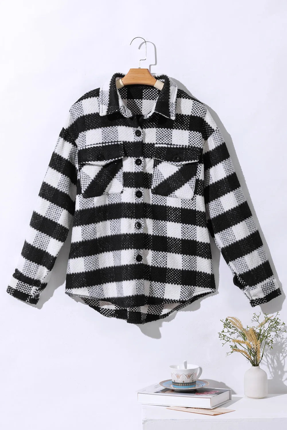 Black Plaid Textured Flap Pocket Shacket - Chic Meadow Boutique 