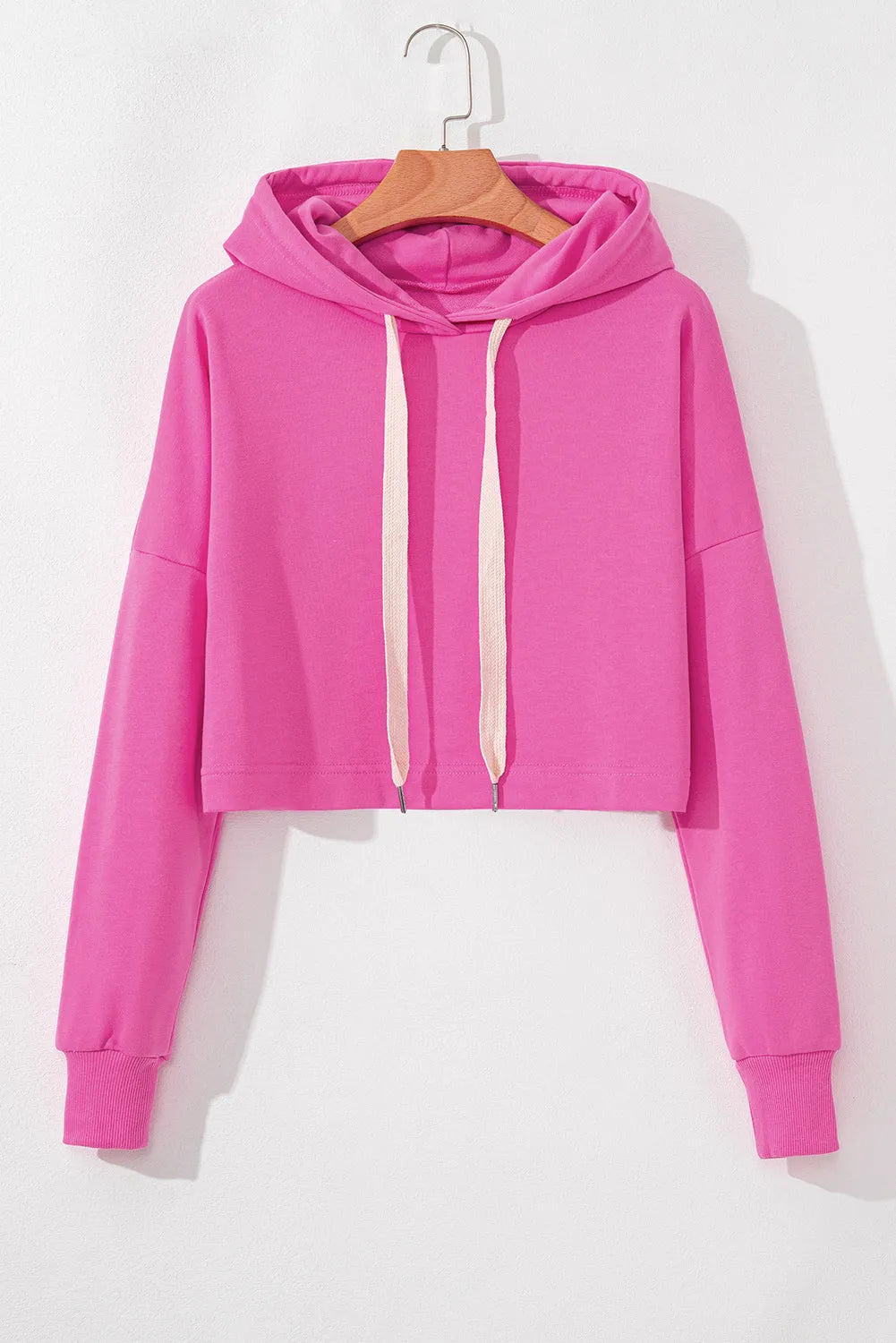 Sachet Pink Solid Drop Shoulder Drawstring Cropped Hoodie - Chic Meadow Boutique 