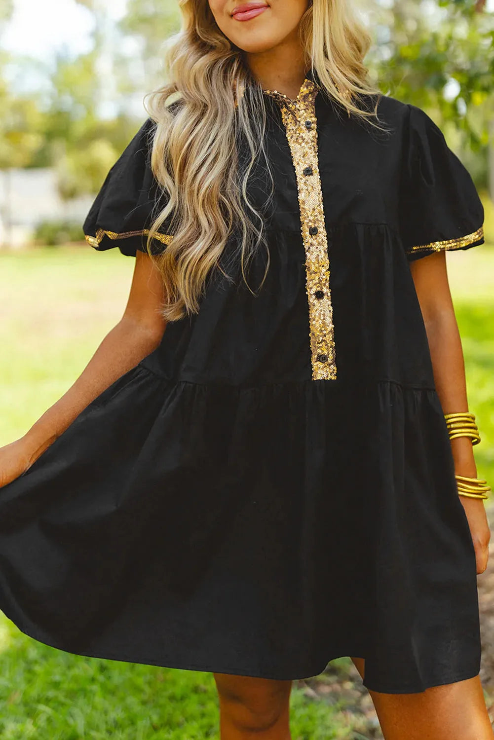 Black Sequin Trim Bubble Sleeve Game Day Shirt Dress - Chic Meadow Boutique 