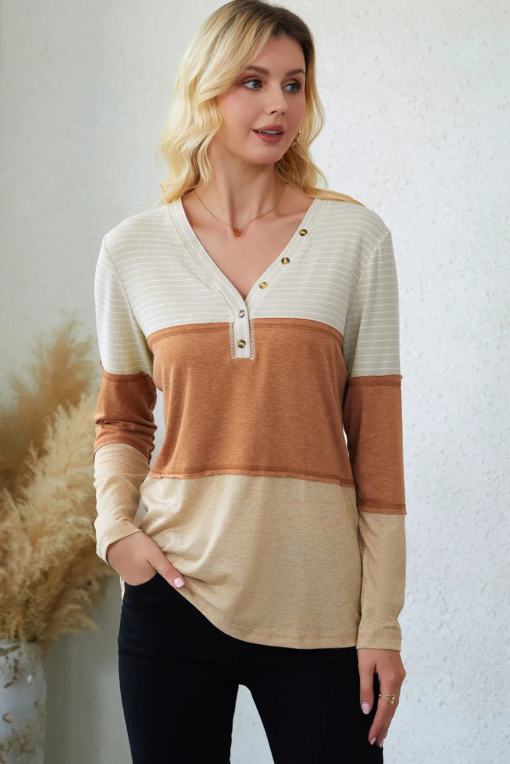 Orange Striped Color Block Henley Top - Chic Meadow Boutique 