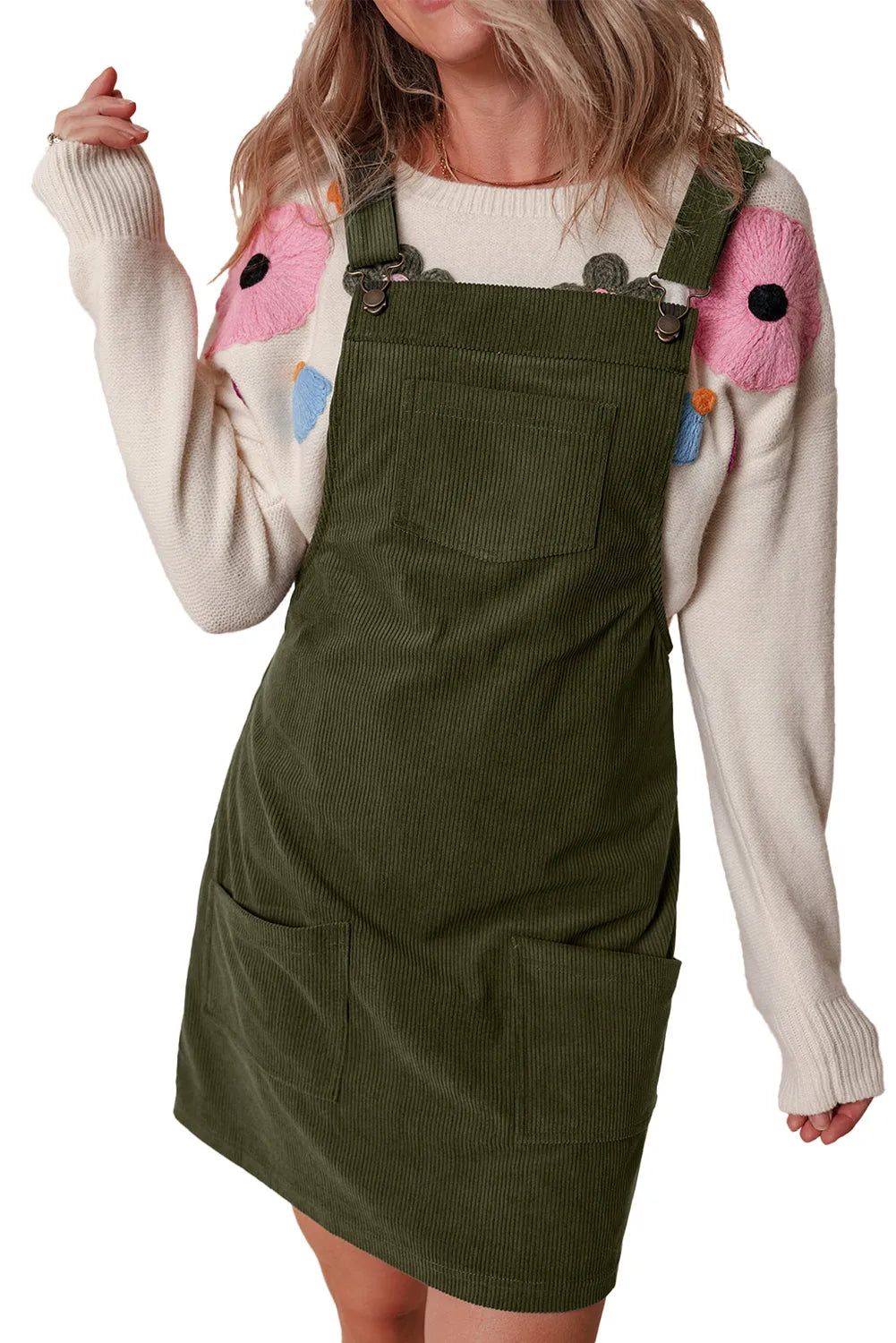 Vineyard Green Solid Front Pockets Sleeveless Corduroy Overall Dress - Chic Meadow Boutique 