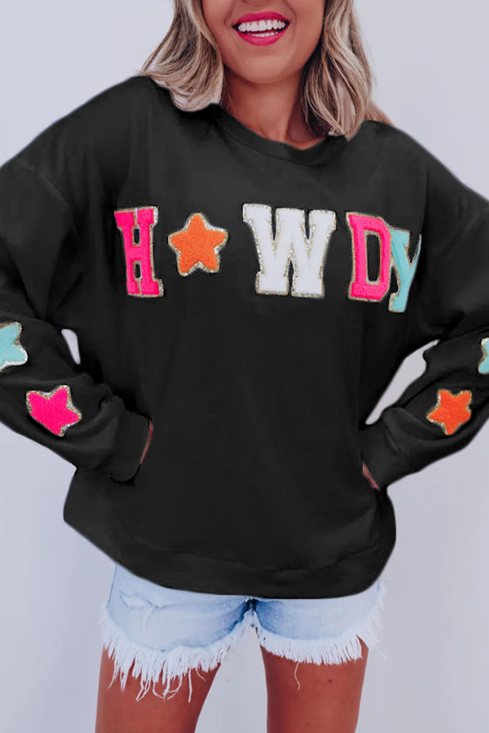 Black Howdy Glitter Chenille Patch Graphic Casual Sweatshirt - Chic Meadow Boutique 