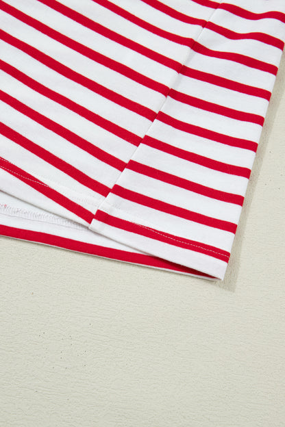 Red Stripe Plus Size Scalloped Trim Round Neck Short Sleeve Top