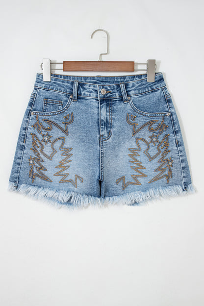 Dusk Blue Western Embroidery Stud Denim Shorts Summer Daily Wear