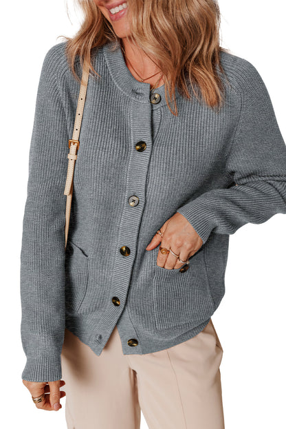 Medium Grey Chunky Buttoned Front Round Neck Cardigan Sweater