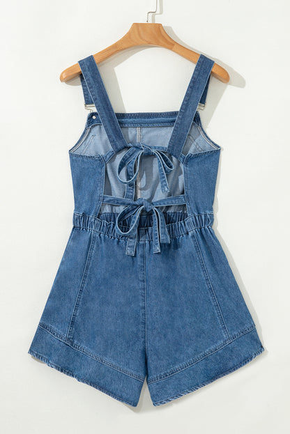 Sky Blue Buckle Straps Bib Style Drawstring Tied Backless Flared Denim Romper