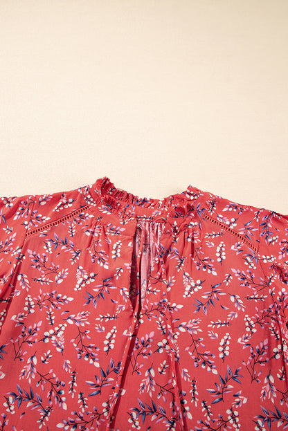 Red Floral Tie Split Neck Short Flounce Sleeve Crinkled Blouse