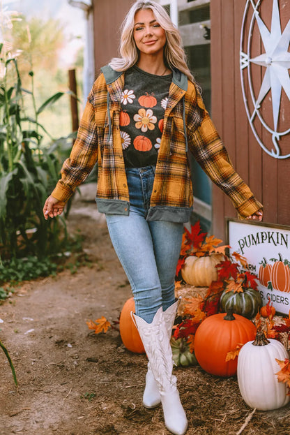 Orange Plaid Patch Hooded Frayed Snap Button Jacket - Chic Meadow Boutique 